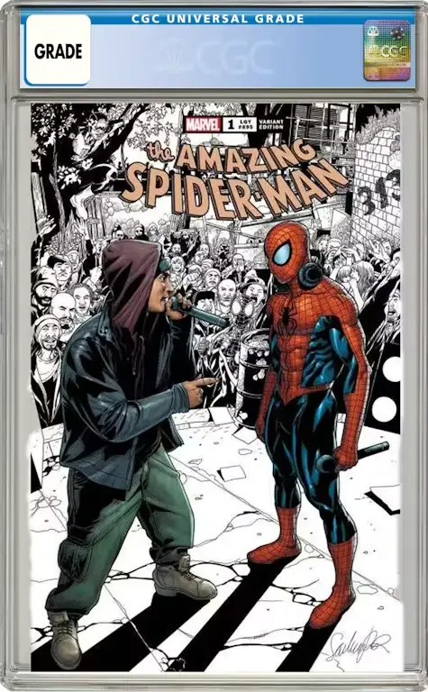 The Amazing Spider-Man #1 (2022) Eminem Spotlight variant cover by Salvador Larroca, shown in a CGC-graded slab: Eminem raps into a mic facing Spider-Man on a stage, surrounded by a crowd of Marvel characters