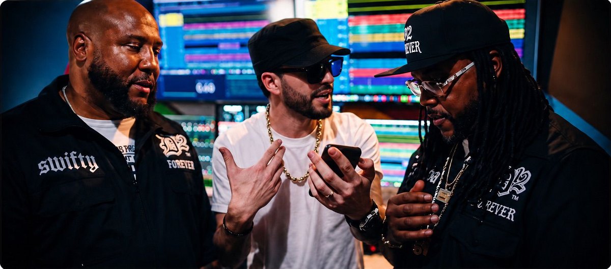 A still from D12's “My Salsa” video: Swifty McVay in an embroidered “swifty” jacket at left and Kuniva in a “D12 Forever” shirt and cap at right, both watching a man in a black cap, dark sunglasses and a gold rope chain hold up a phone mid-pitch, in front of a wall of studio monitors showing a mixing session