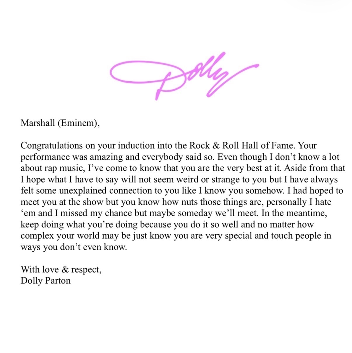 The letter Dolly Parton sent Eminem after his 2022 Rock & Roll Hall of Fame induction, addressed to “Marshall (Eminem)” and signed “With love & respect, Dolly Parton”
