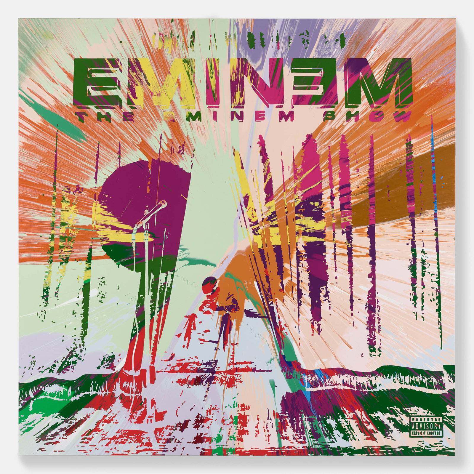 Damien Hirst spin painting of The Eminem Show album cover in pink, orange, purple and green