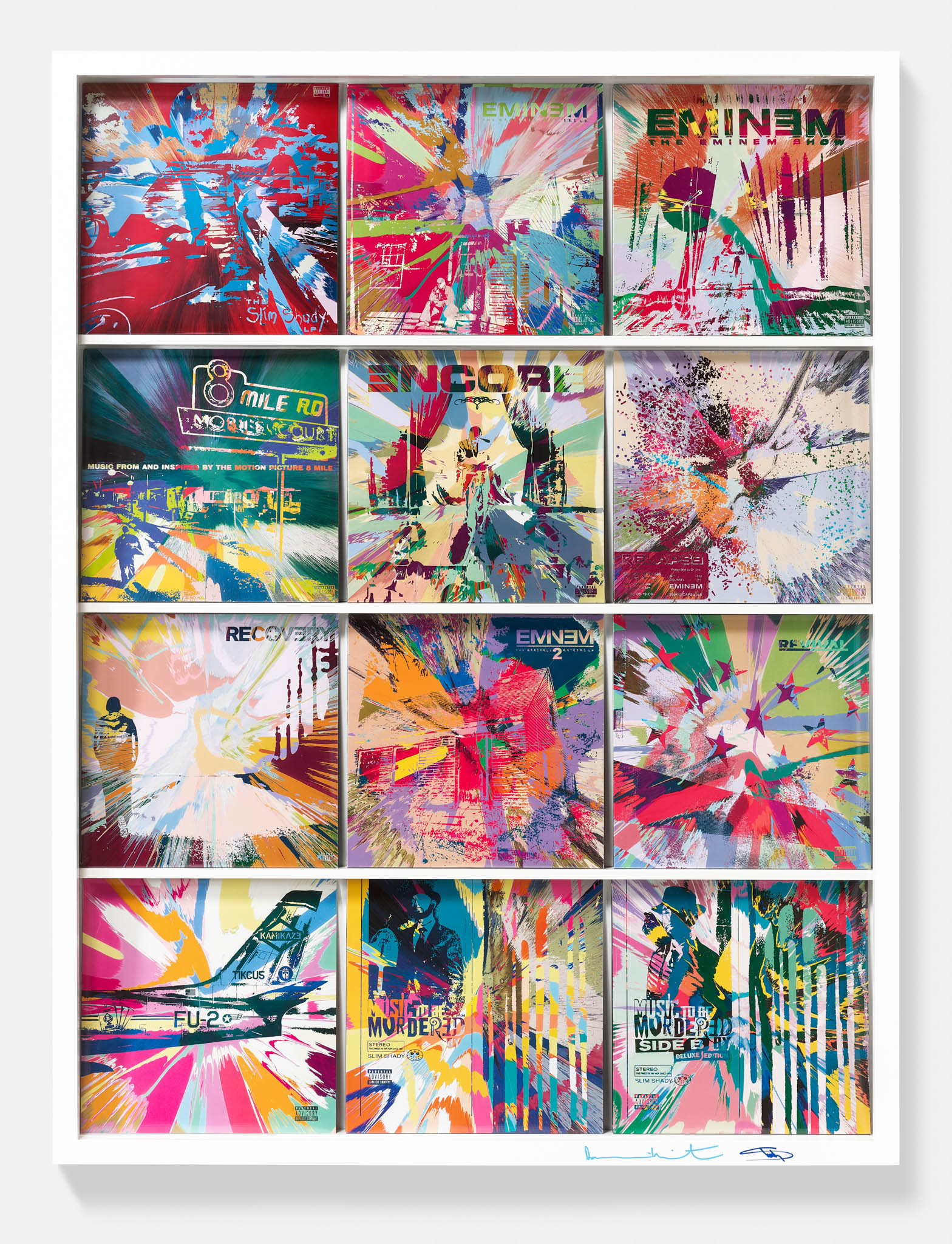 Damien Hirst and Eminem's Re-up cabinet: a white case holding spin-painted versions of all 12 Eminem album covers, signed by both artists