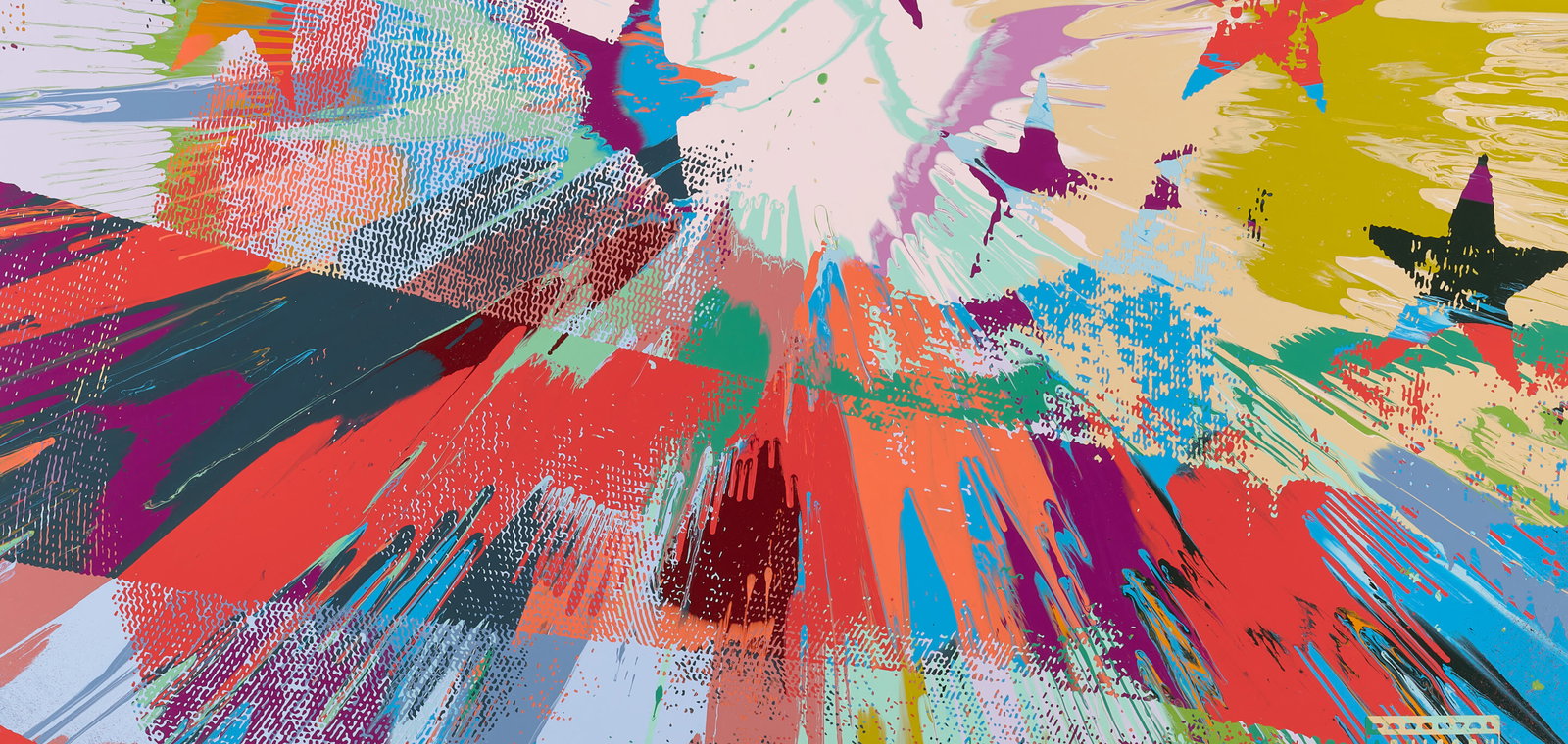 Close-up detail of a Damien Hirst spin painting of Eminem's Revival cover with stars