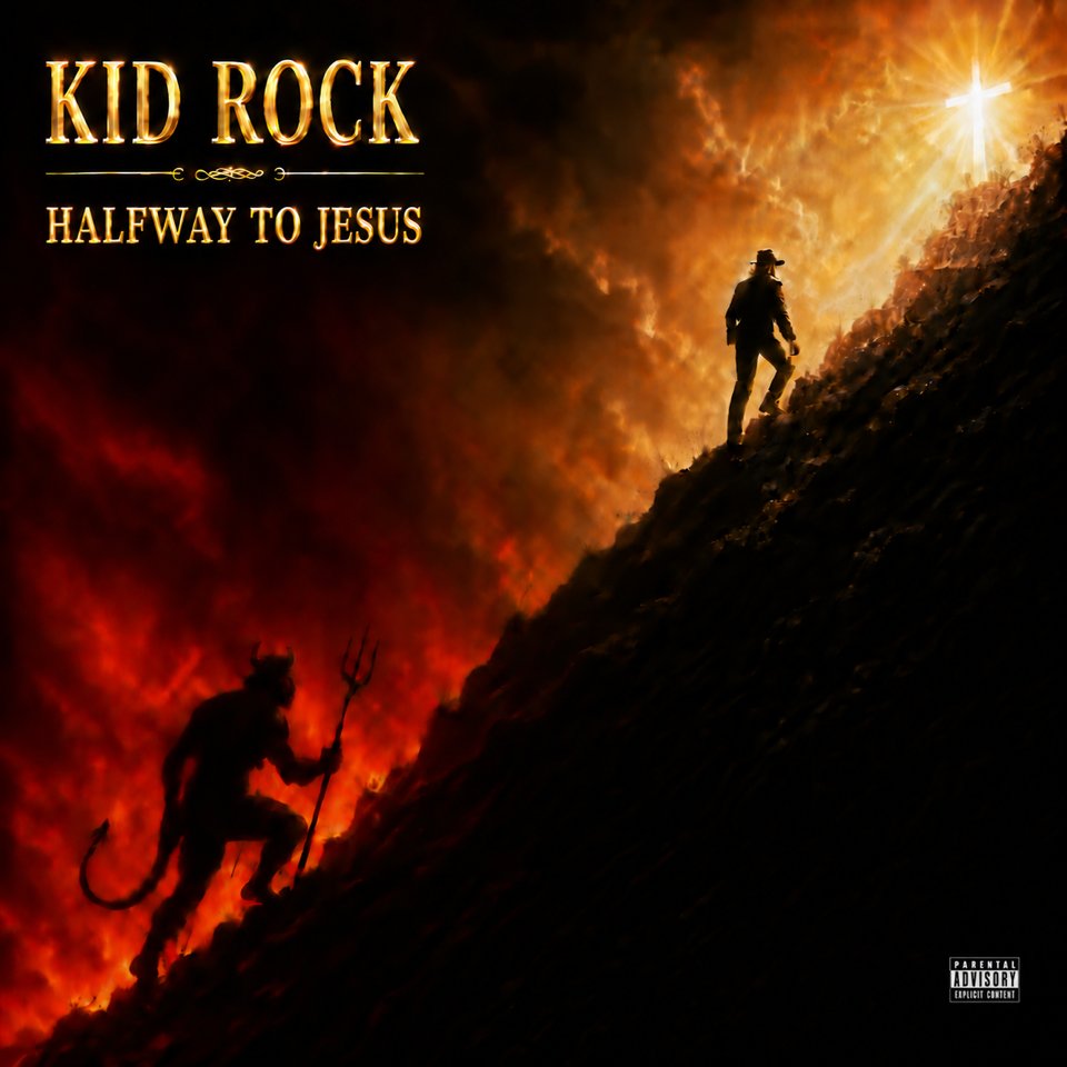Kid Rock Halfway to Jesus album cover: Kid Rock climbing toward a glowing cross with the devil behind him